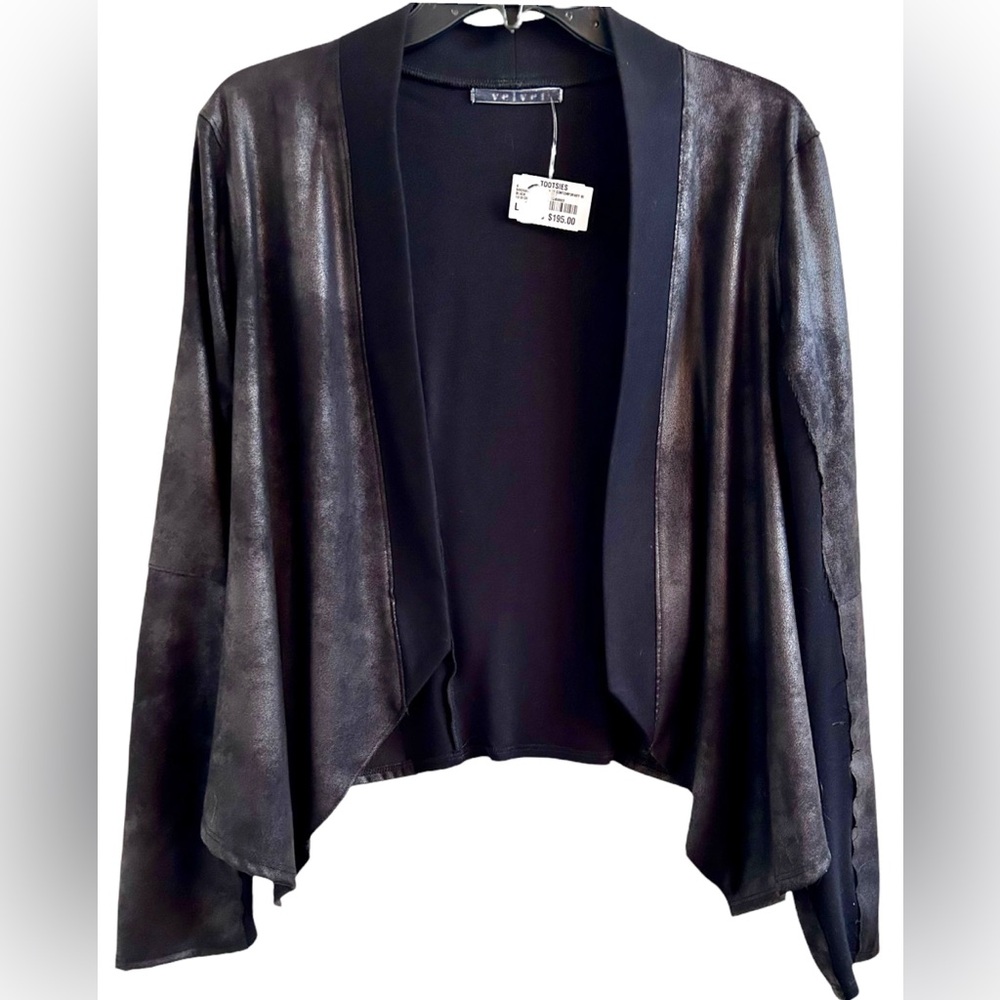 VELVET BY GRAHAM & SPENCER Distressed Leatherette Open Jacket Silvery Blk M✨NWT✨
